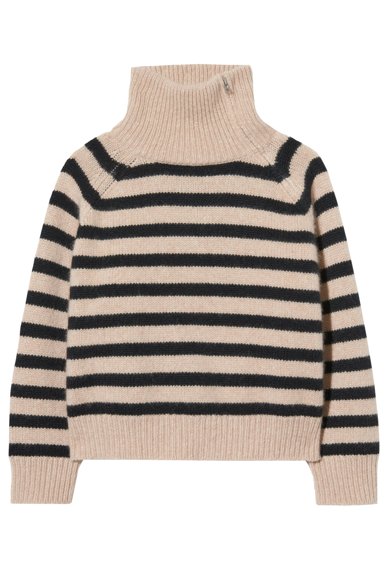 a beige turtleneck sweater with black stripes. transparent background. 