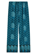 blue drawstring pants with an oceanic print all over. transparent background.