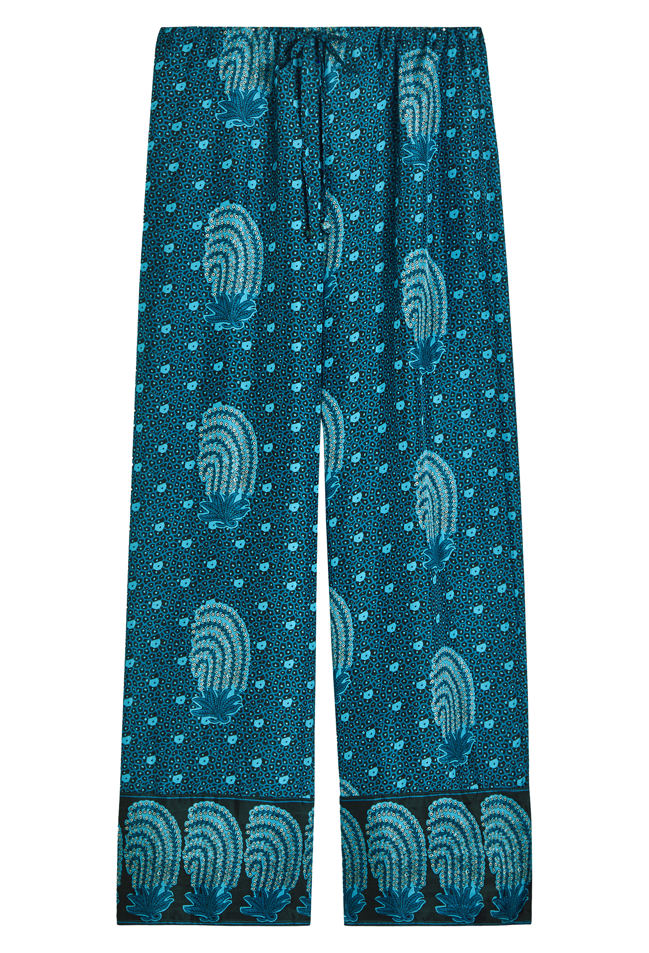 blue drawstring pants with an oceanic print all over. transparent background.