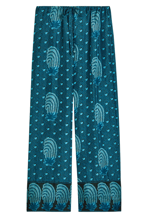 blue drawstring pants with an oceanic print all over. transparent background.