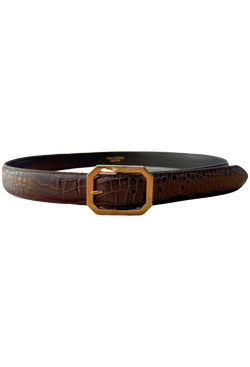 a croc detail brown belt with a gold octagonal buckle. transparent background.