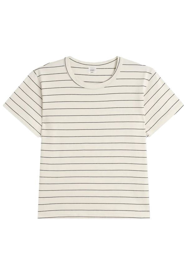 an off-white short sleeve t-shirt with thin dark blue stripes. transparent background.