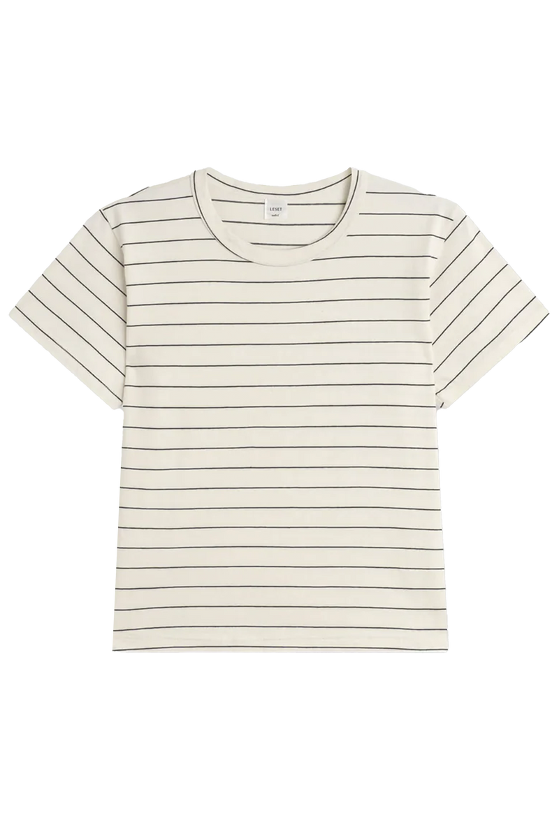 an off-white short sleeve t-shirt with thin dark blue stripes. transparent background.