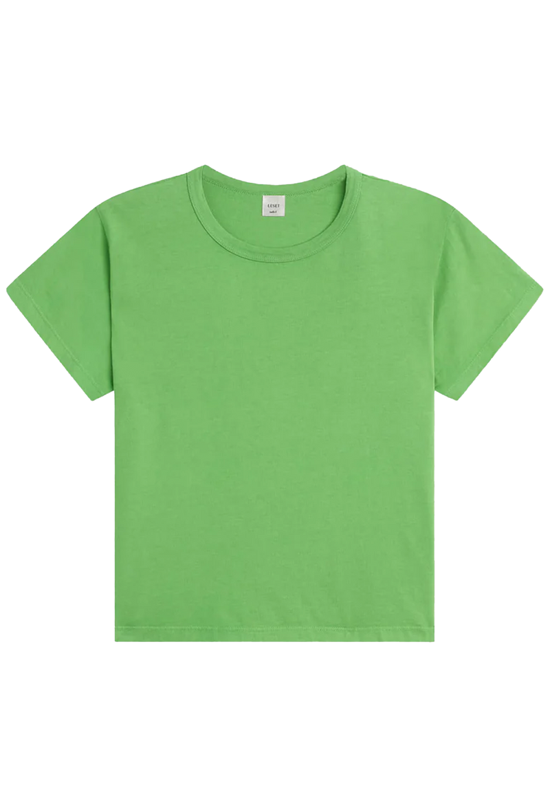 a bright green short sleeve t-shirt. transparent background.
