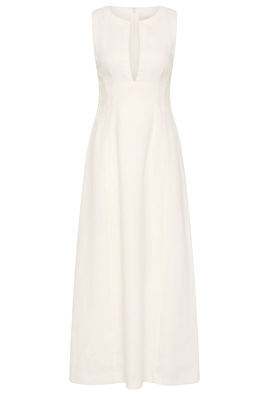 a sleeveless deep v-neck white maxi dress with a fitted bodice and slightly flared skirt. transparent background.