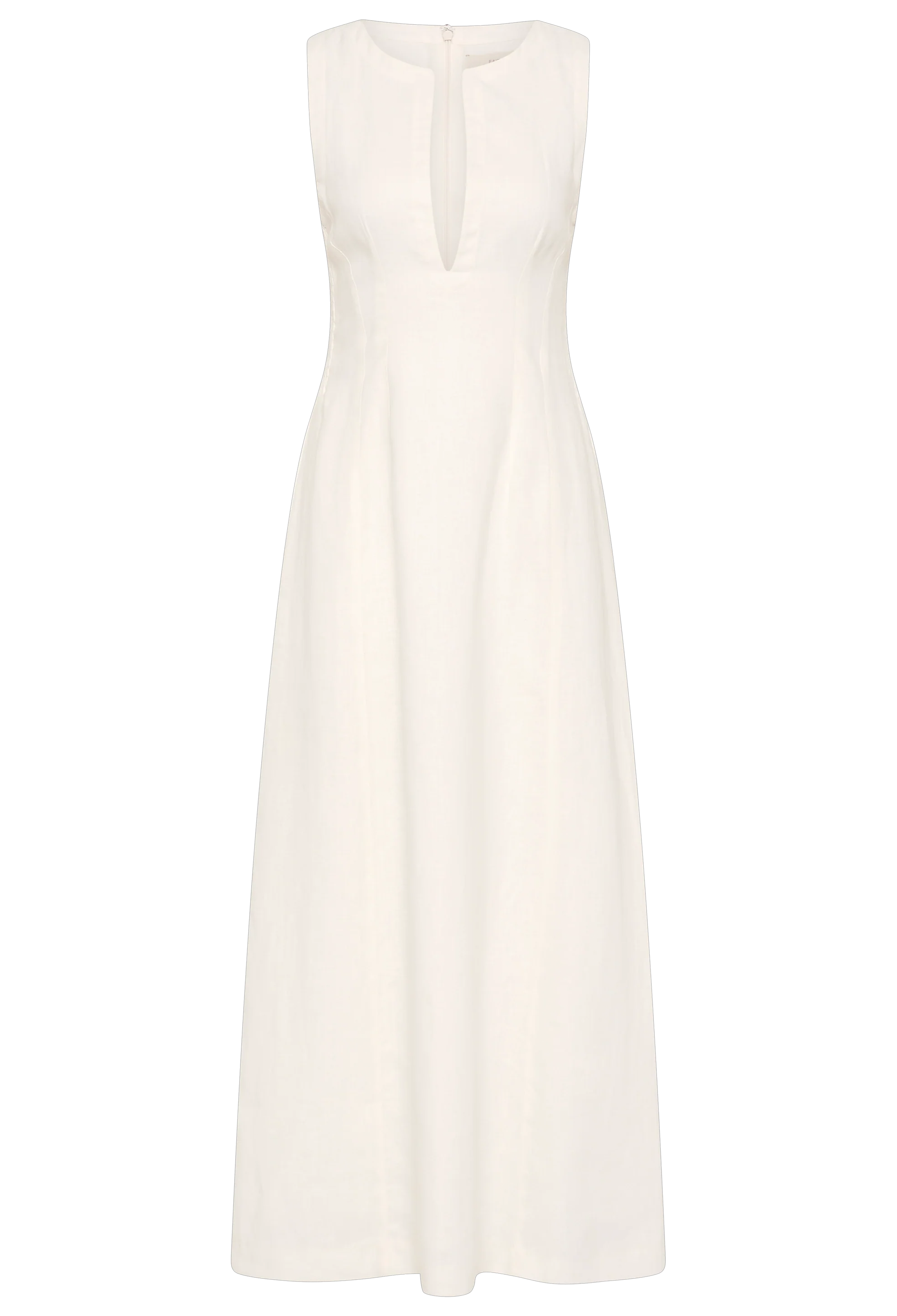 a sleeveless deep v-neck white maxi dress with a fitted bodice and slightly flared skirt. transparent background.