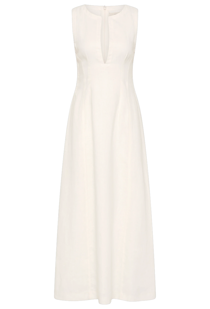 a sleeveless deep v-neck white maxi dress with a fitted bodice and slightly flared skirt. transparent background.
