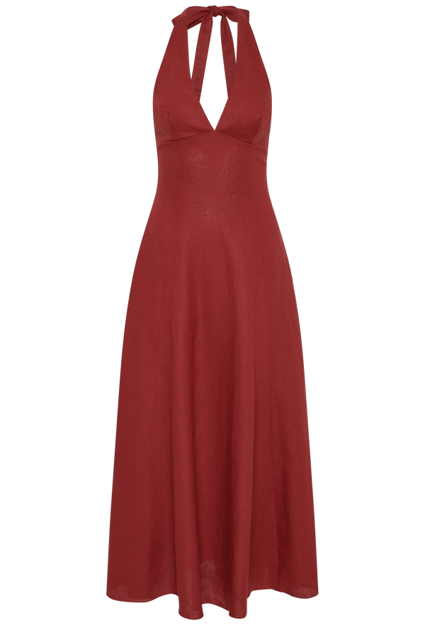 a red deep v halter neck midi dress. transparent background.