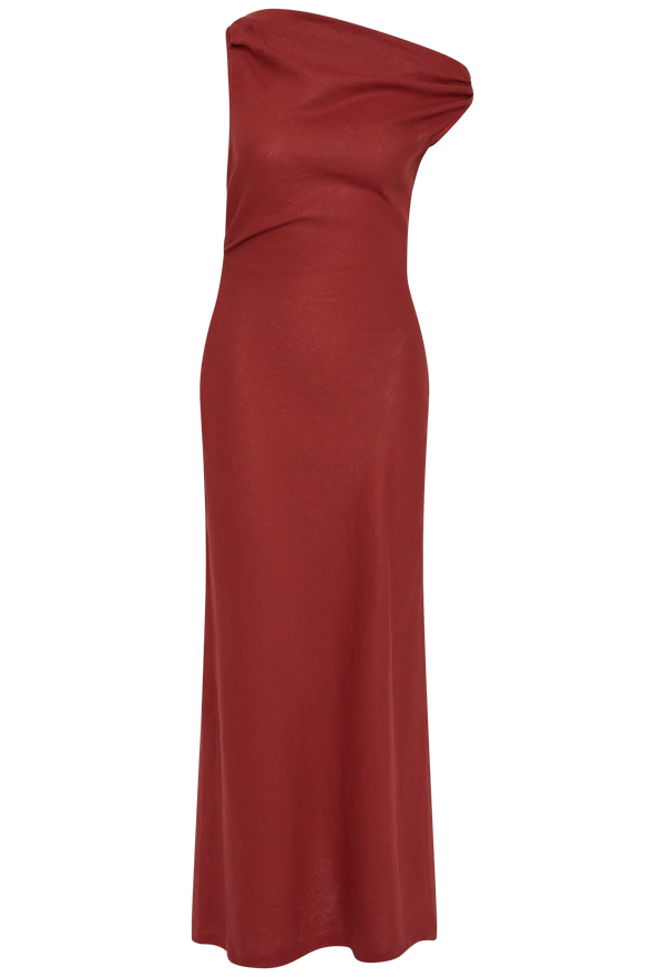 a model wearing a one-shoulder linen red maxi dress with one off the shoulder strap. transparent background.