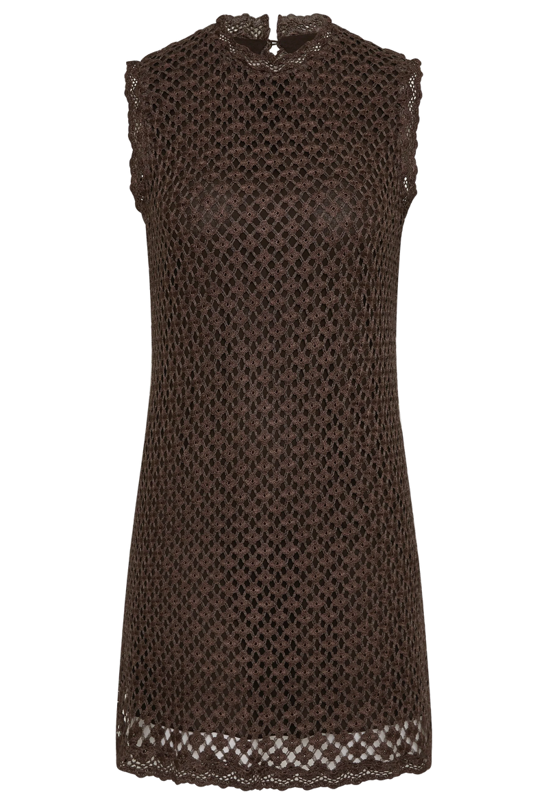 a brown sleeveless mini dress with a spectre lace fabrication. white background.
