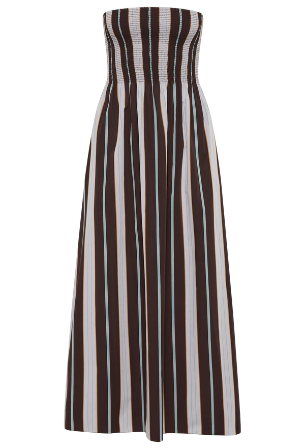 a strapless maxi dress with blue and brown stripes. transparent background.