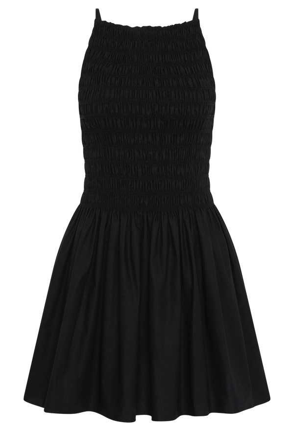 a black mini dress with skinny straps and a shirred bodice with a flared a-line skirt. transparent background.