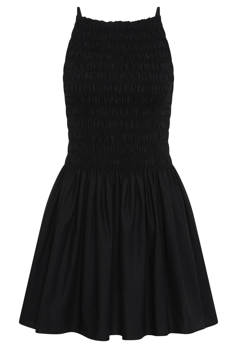 a black mini dress with skinny straps and a shirred bodice with a flared a-line skirt. transparent background.