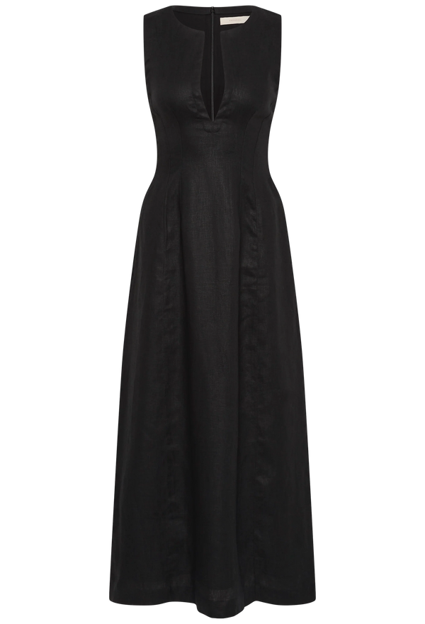a sleeveless deep v-neck black maxi dress with a fitted bodice and slightly flared skirt. transparent background.