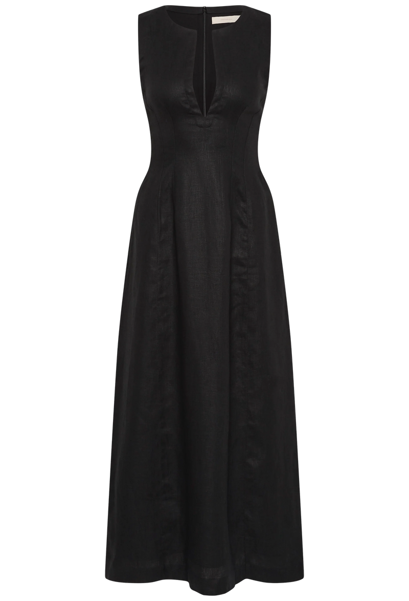 a sleeveless deep v-neck black maxi dress with a fitted bodice and slightly flared skirt. transparent background.