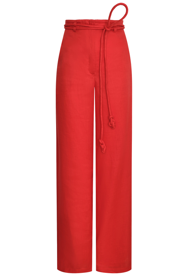 high waisted red linen pants with a rope belt. transparent background.