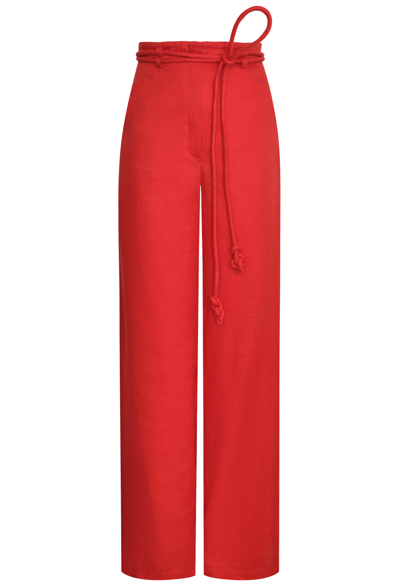 high waisted red linen pants with a rope belt. transparent background.