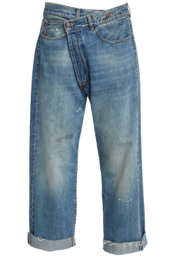 a pair of blue jeans cuffed at the hem with a crossover waistband style. transparent background