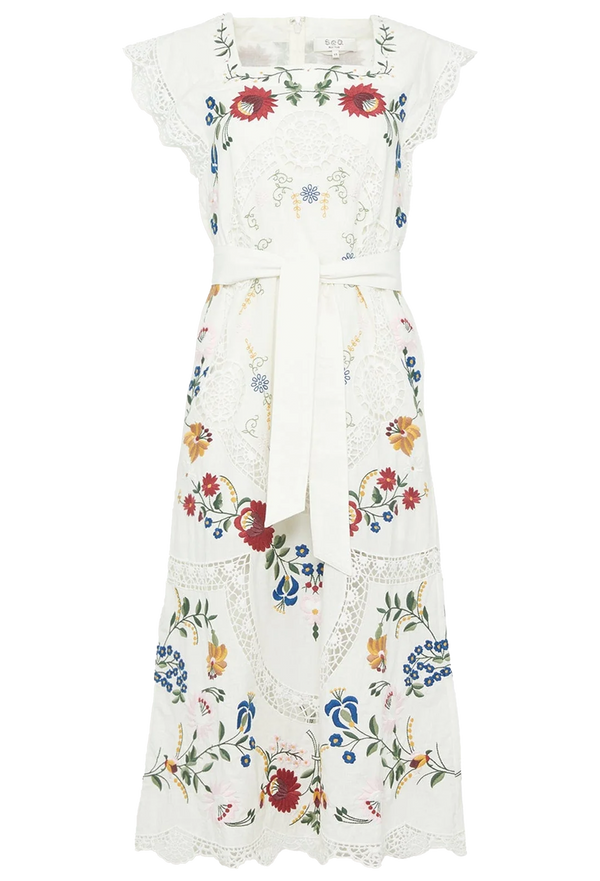 a cream cap sleeve midi dress with floral embroidery and scalloped lace trim. transparent background.