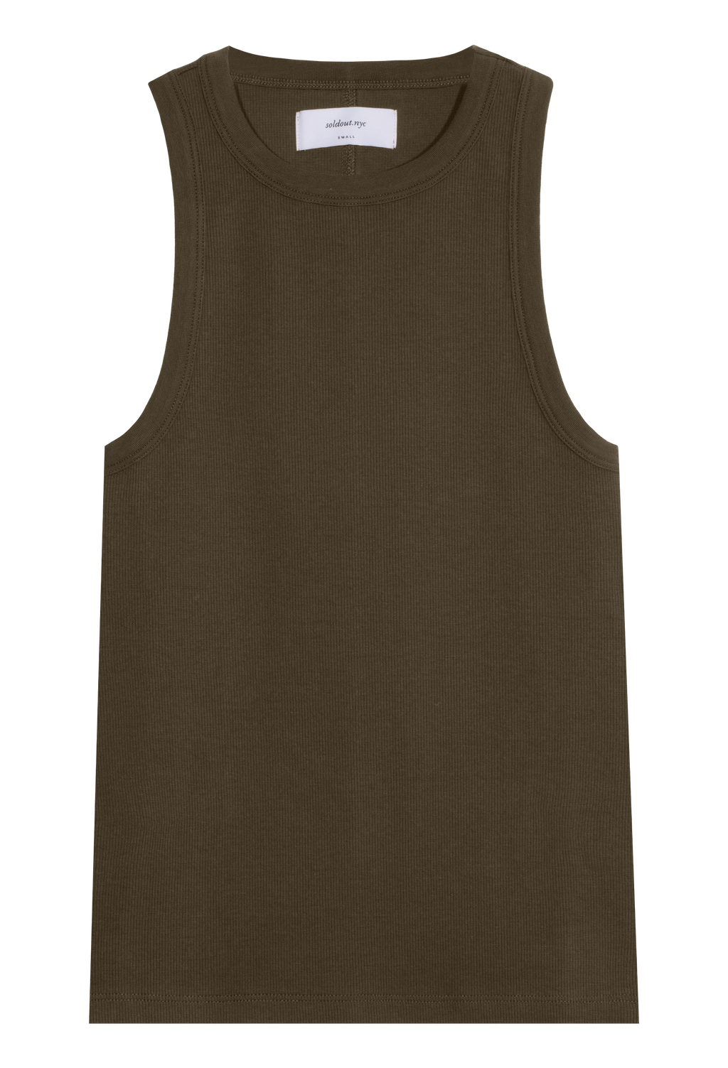 an olive high neck racerback ribbed tank top. transparent background