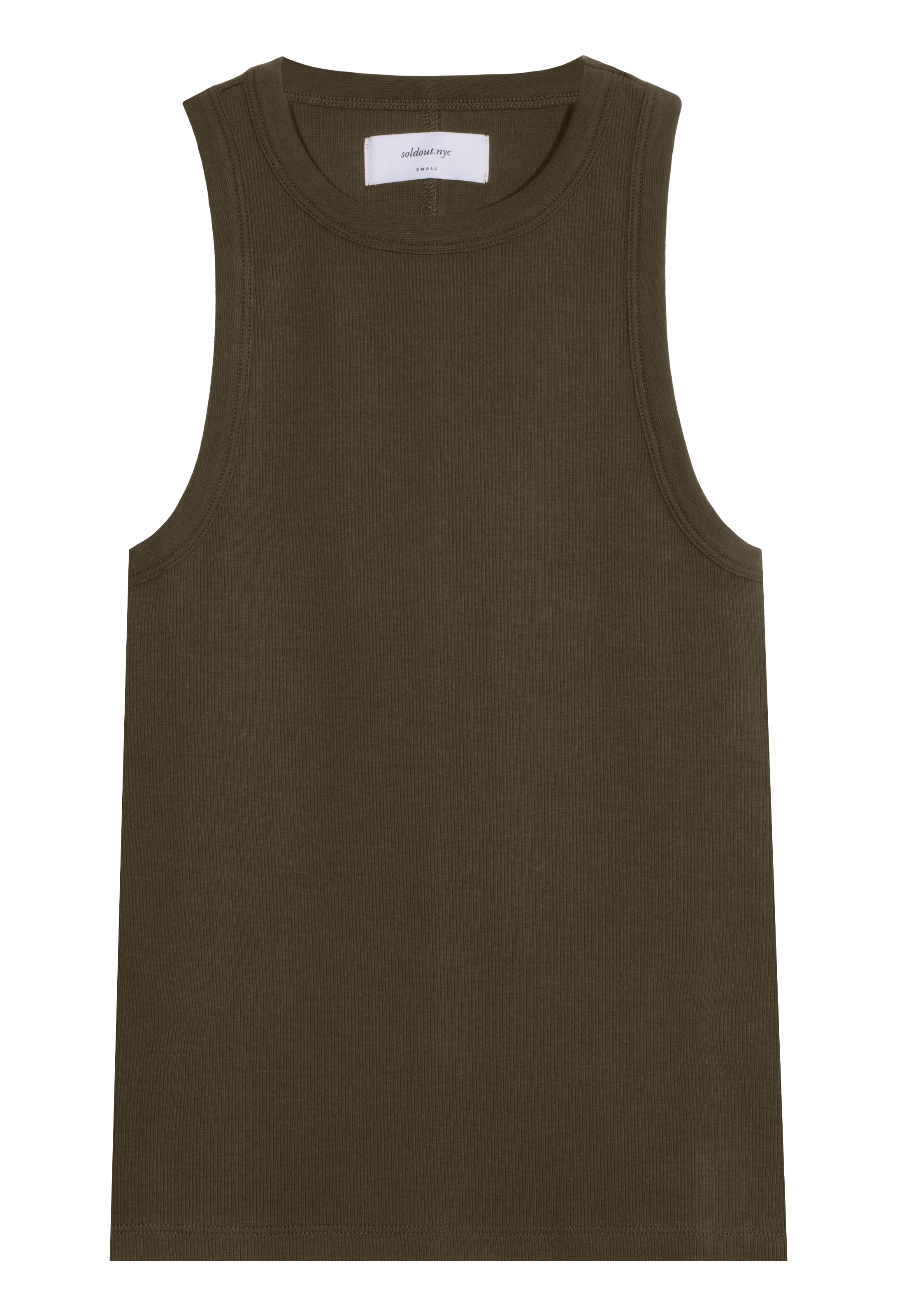 an olive high neck racerback ribbed tank top. transparent background