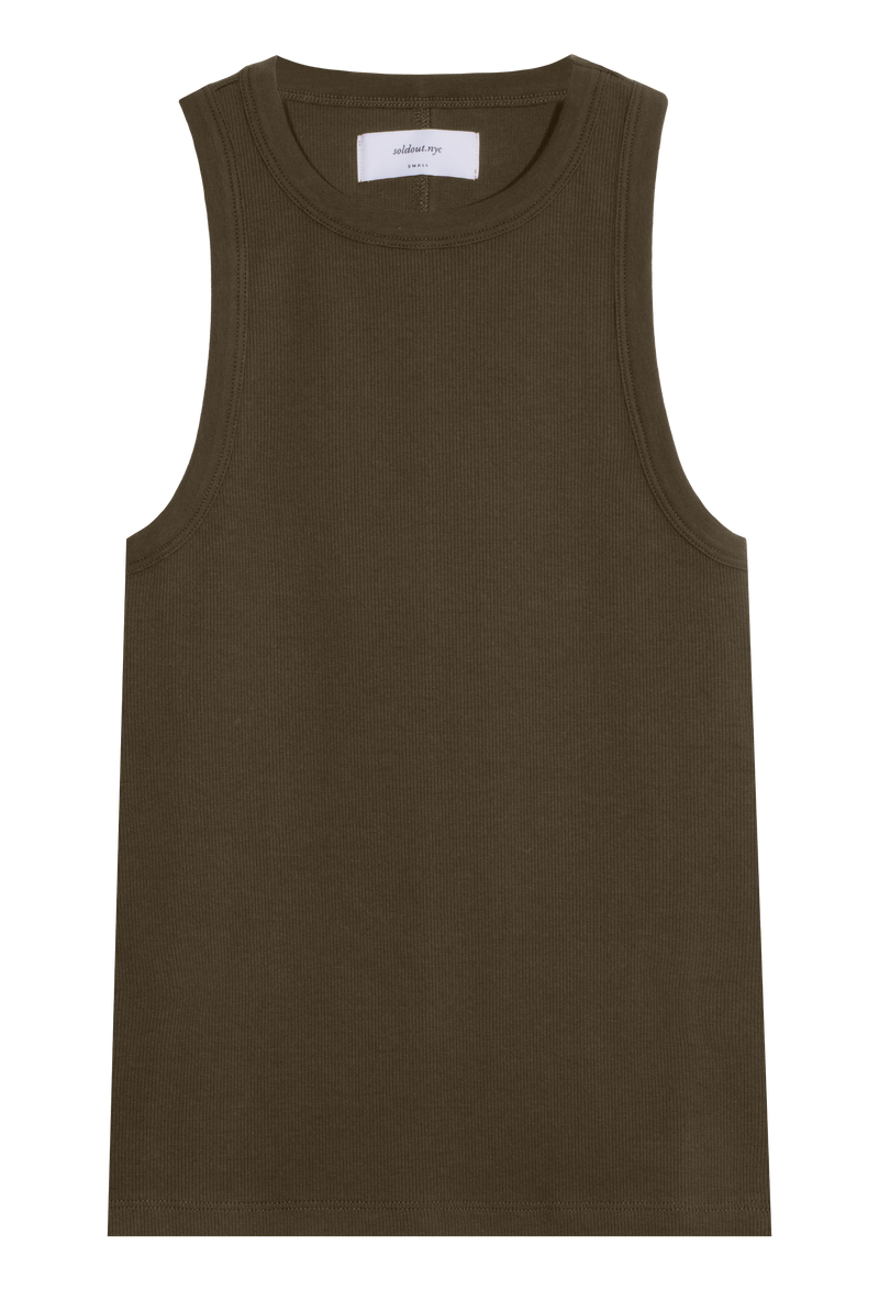 an olive high neck racerback ribbed tank top. transparent background