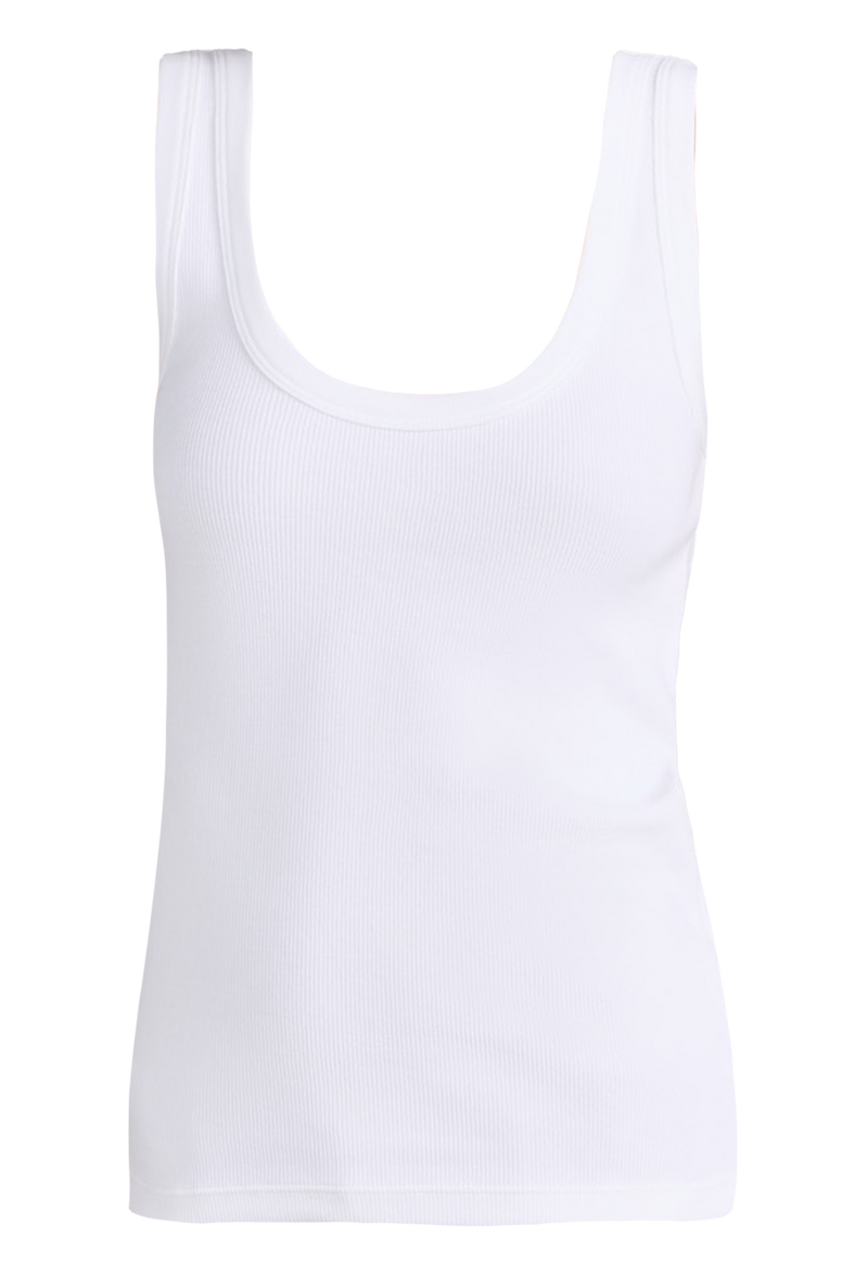a white scoop neck ribbed tank top. transparent background