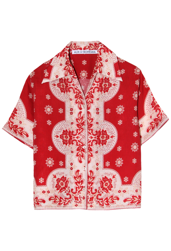 a button up red bandana collared shirt. transparent background.