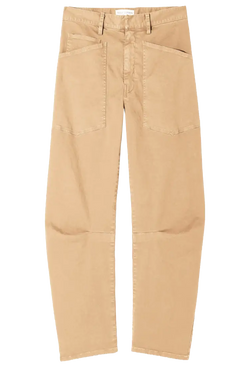 tan barrel-leg pants with deep front patch pockets. transparent background.