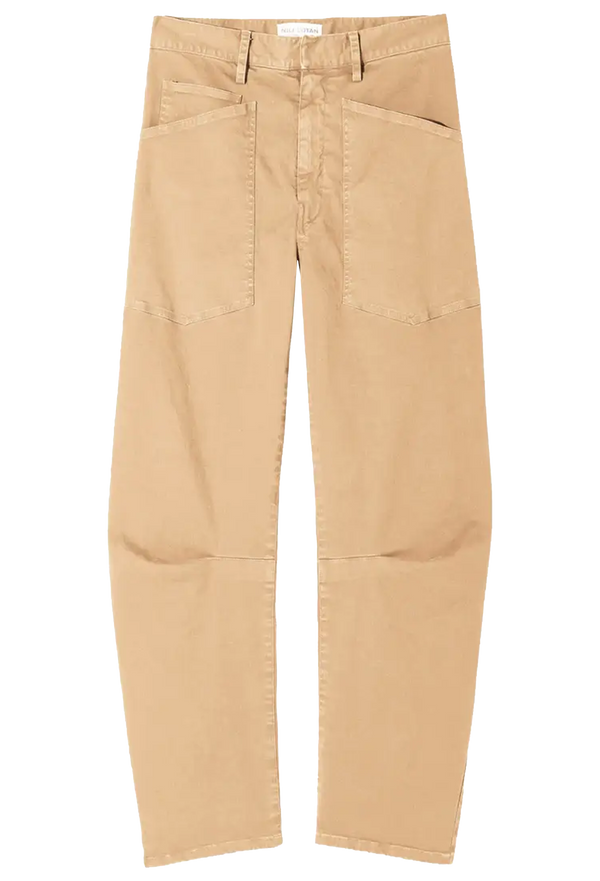 tan barrel-leg pants with deep front patch pockets. transparent background.