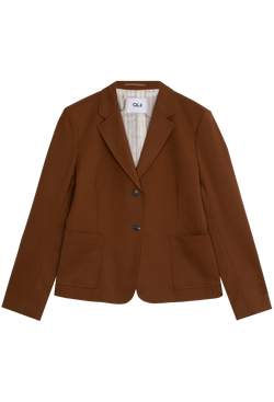 a brown blazer jacket with two buttons and two patch pockets. transparent background