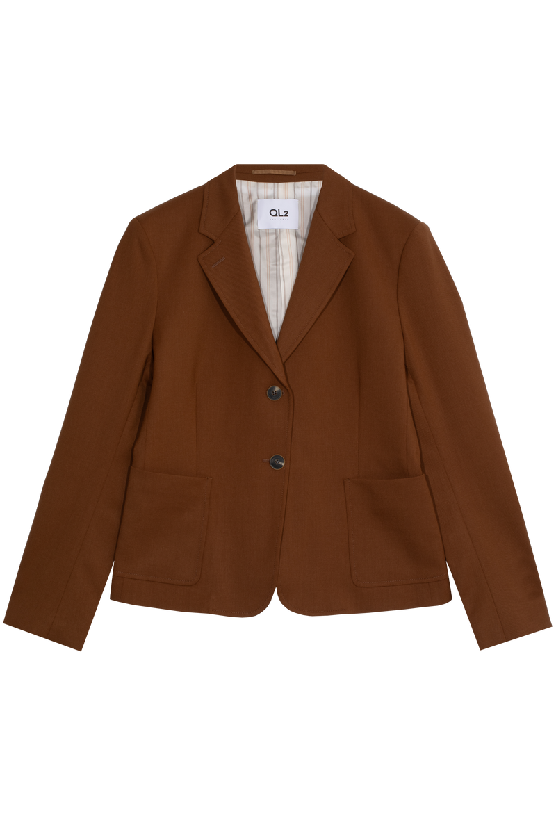 a brown blazer jacket with two buttons and two patch pockets. transparent background