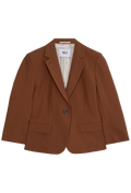 a brown blazer jacket with a button and two flap pockets. transparent background