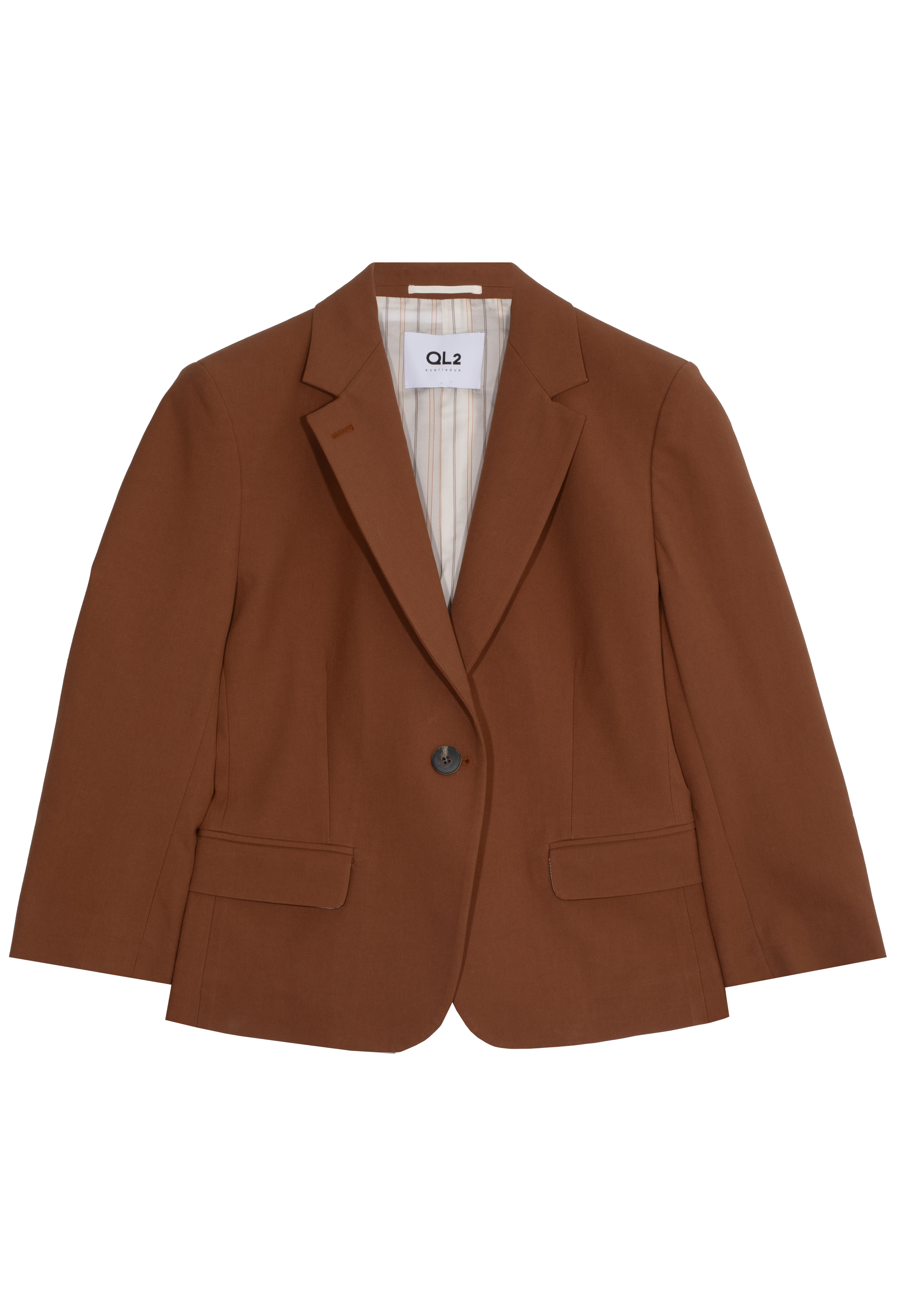 a brown blazer jacket with a button and two flap pockets. transparent background