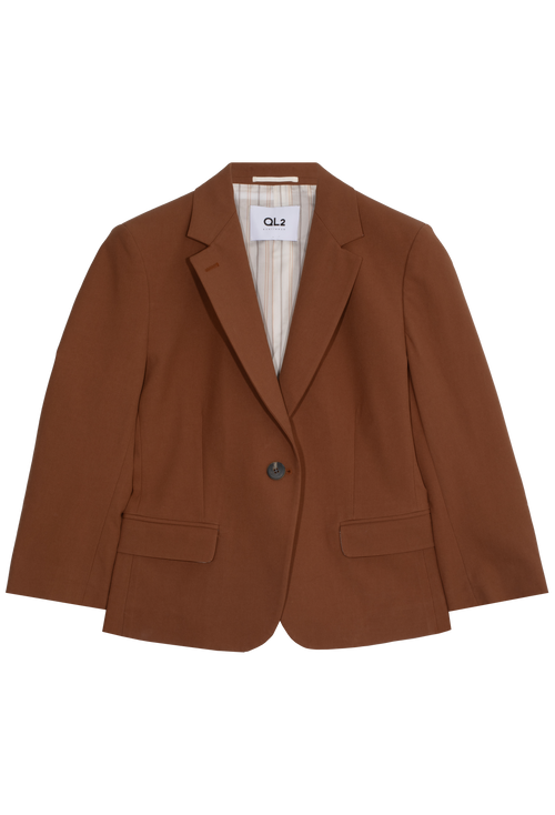 a brown blazer jacket with a button and two flap pockets. transparent background