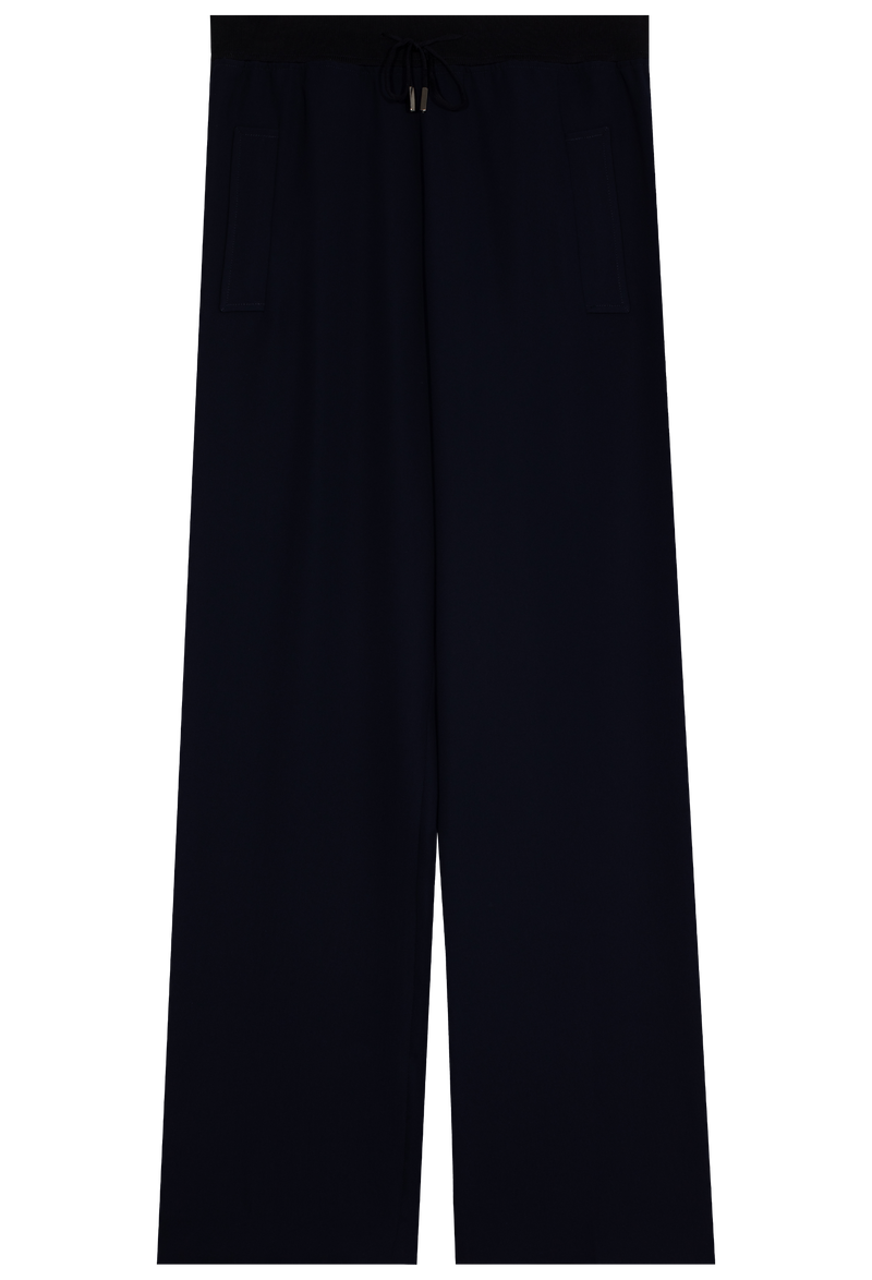 a navy drawstring waistband pant. transparent background