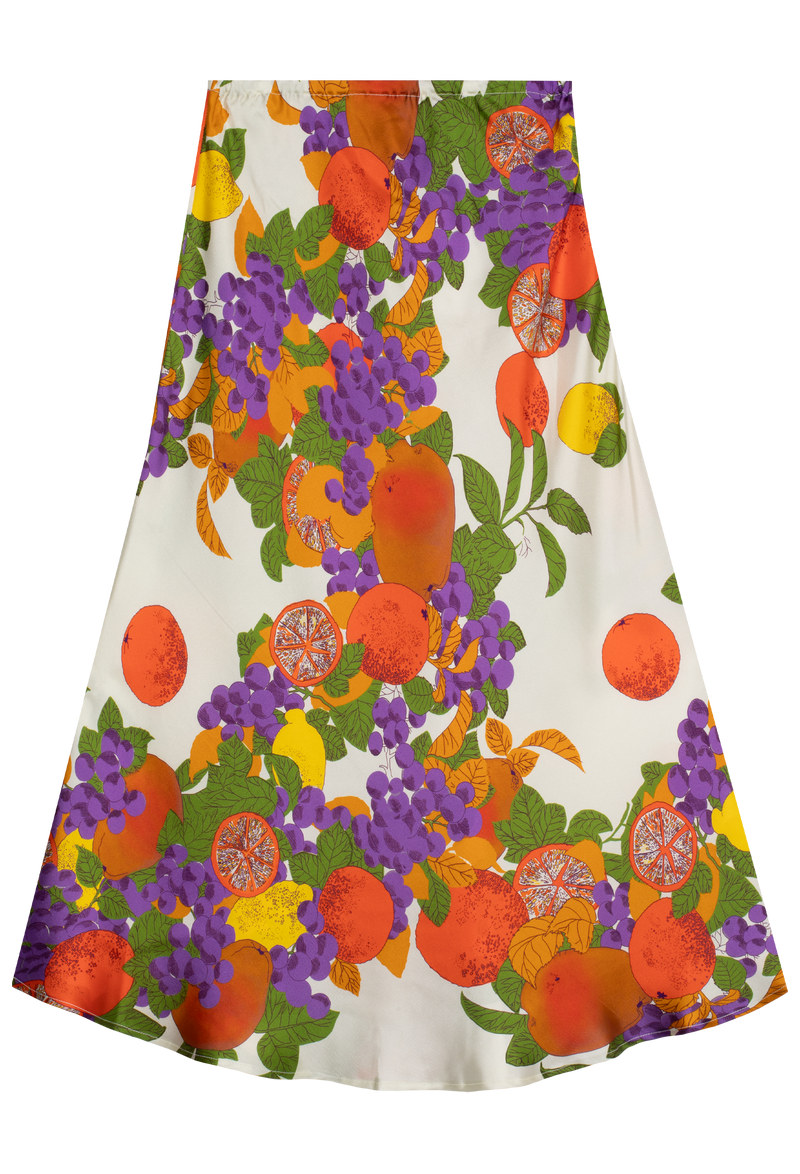 a white midi skirt with multicolored fruit printed all over. transparent background.