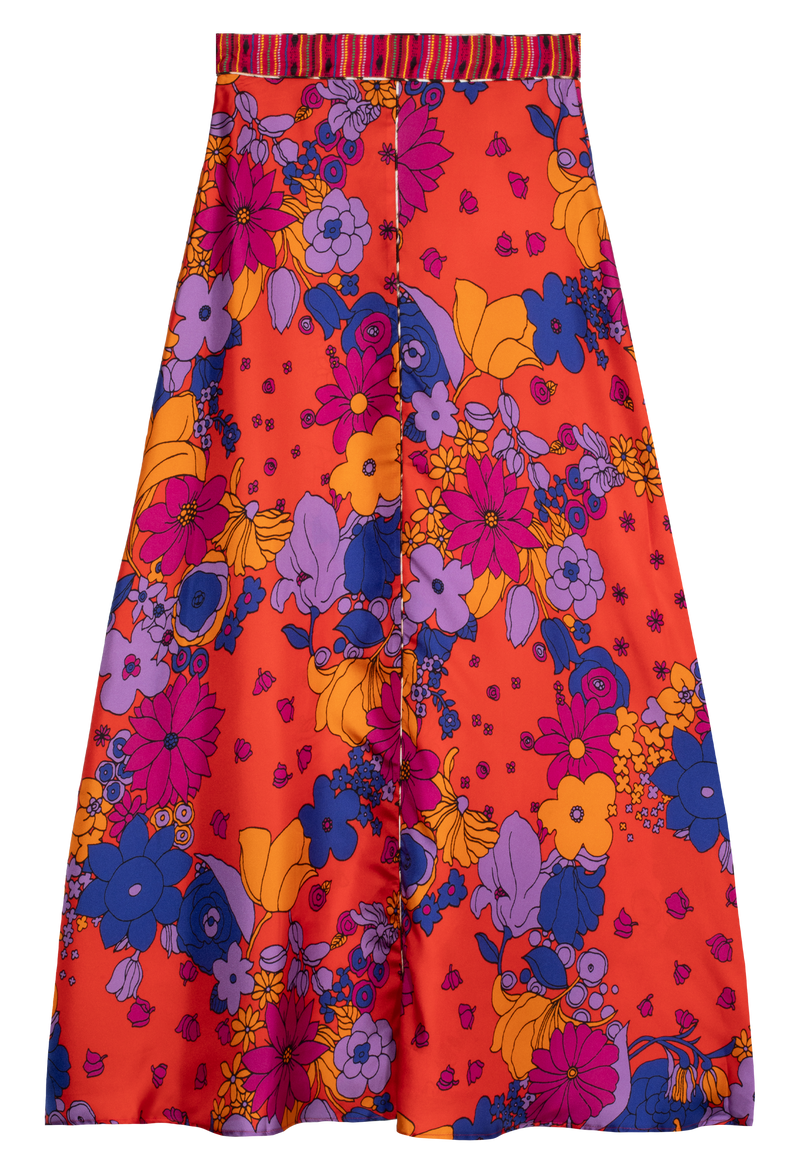 a long red skirt with multicolored floral print. transparent background.