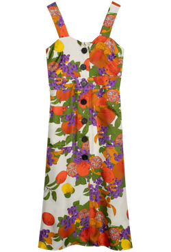 a midi dress with two patch pockets, black buttons, thick straps, and a multicolored all over fruit print. transparent background.