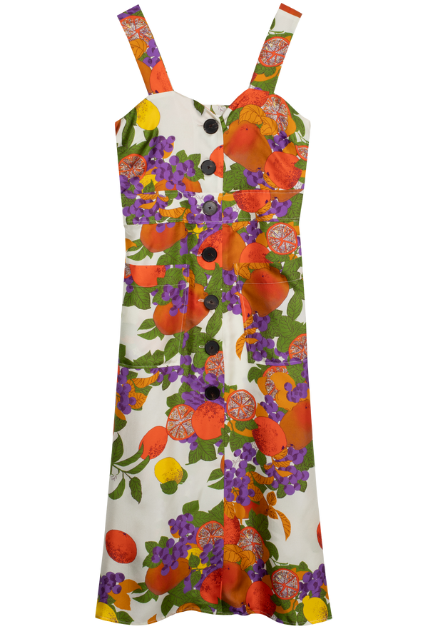 a midi dress with two patch pockets, black buttons, thick straps, and a multicolored all over fruit print. transparent background.