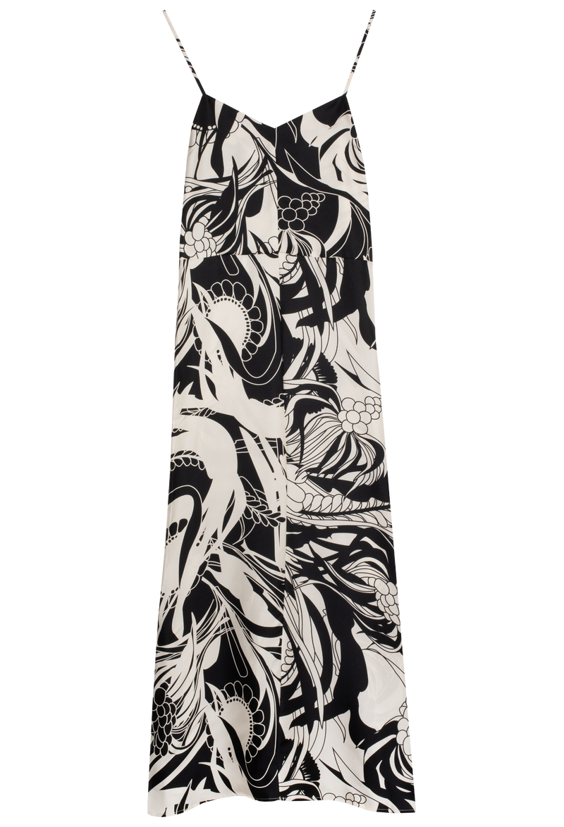 a black and white v-neck spaghetti strap midi dress with a coral print all over. transparent background.