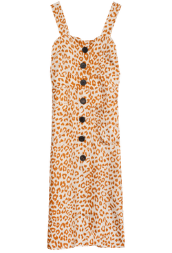 a cream midi dress with two patch pockets, buttons, thick straps, and an all over orange panther print. transparent background.