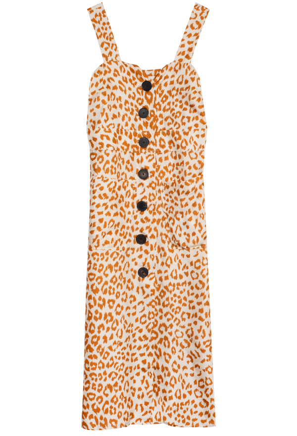 a cream midi dress with two patch pockets, buttons, thick straps, and an all over orange panther print. transparent background.