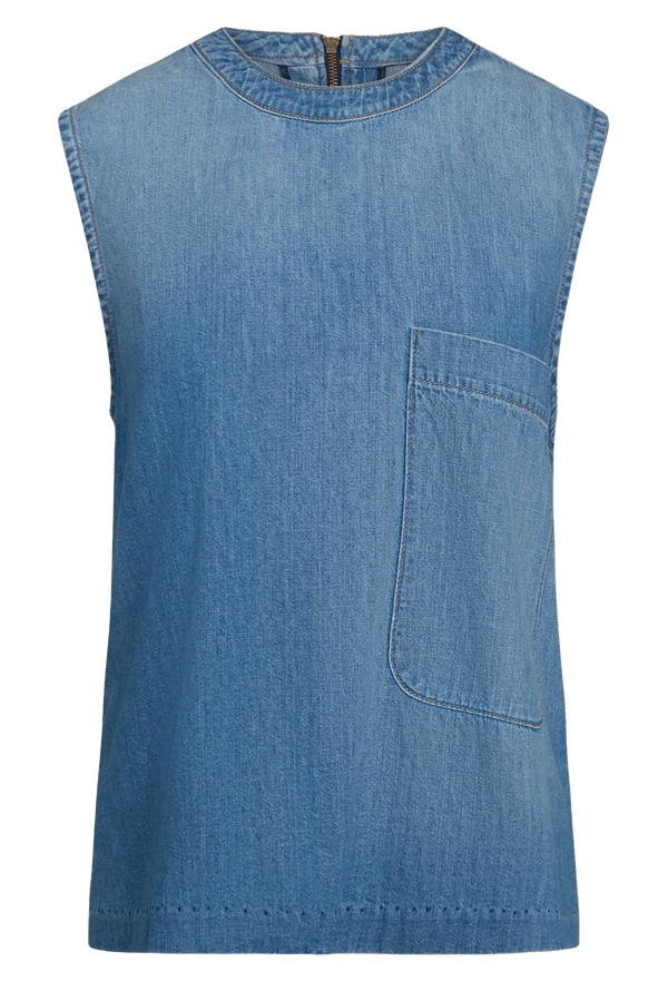 a sleeveless denim shirt with a rounded neckline and a deep chest patch pocket. transparent background