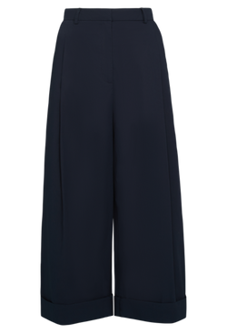 a pair of dark blue wide-leg pants. transparent background.