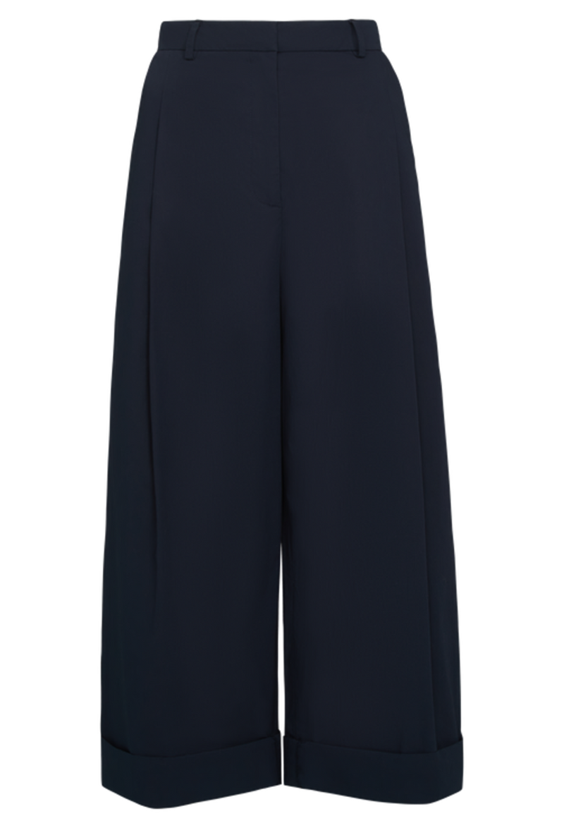 a pair of dark blue wide-leg pants. transparent background.