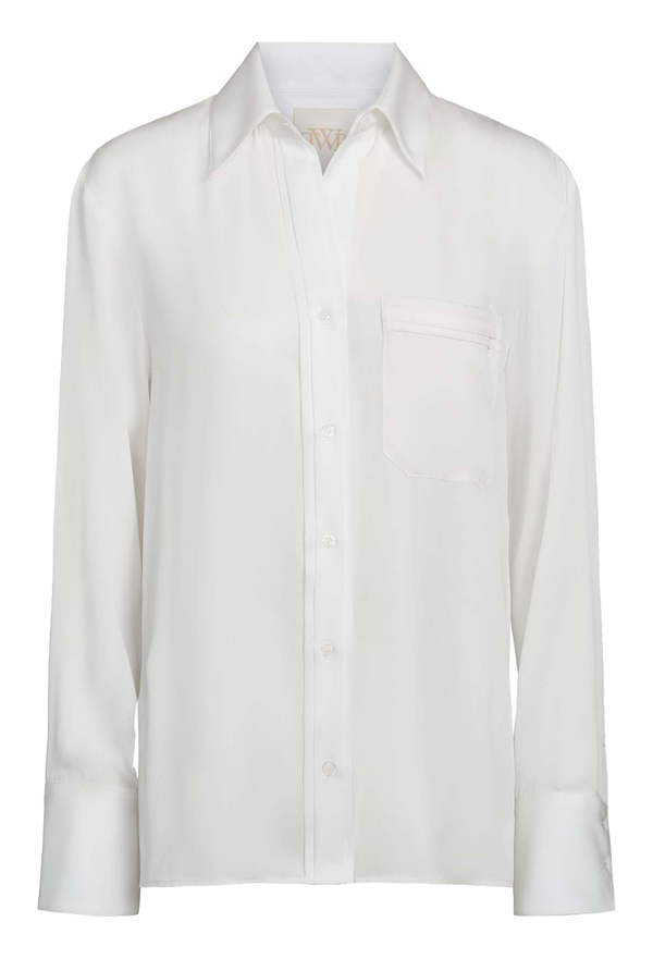 a button down ivory collared silk shirt with a chest patch pocket. transparent background
