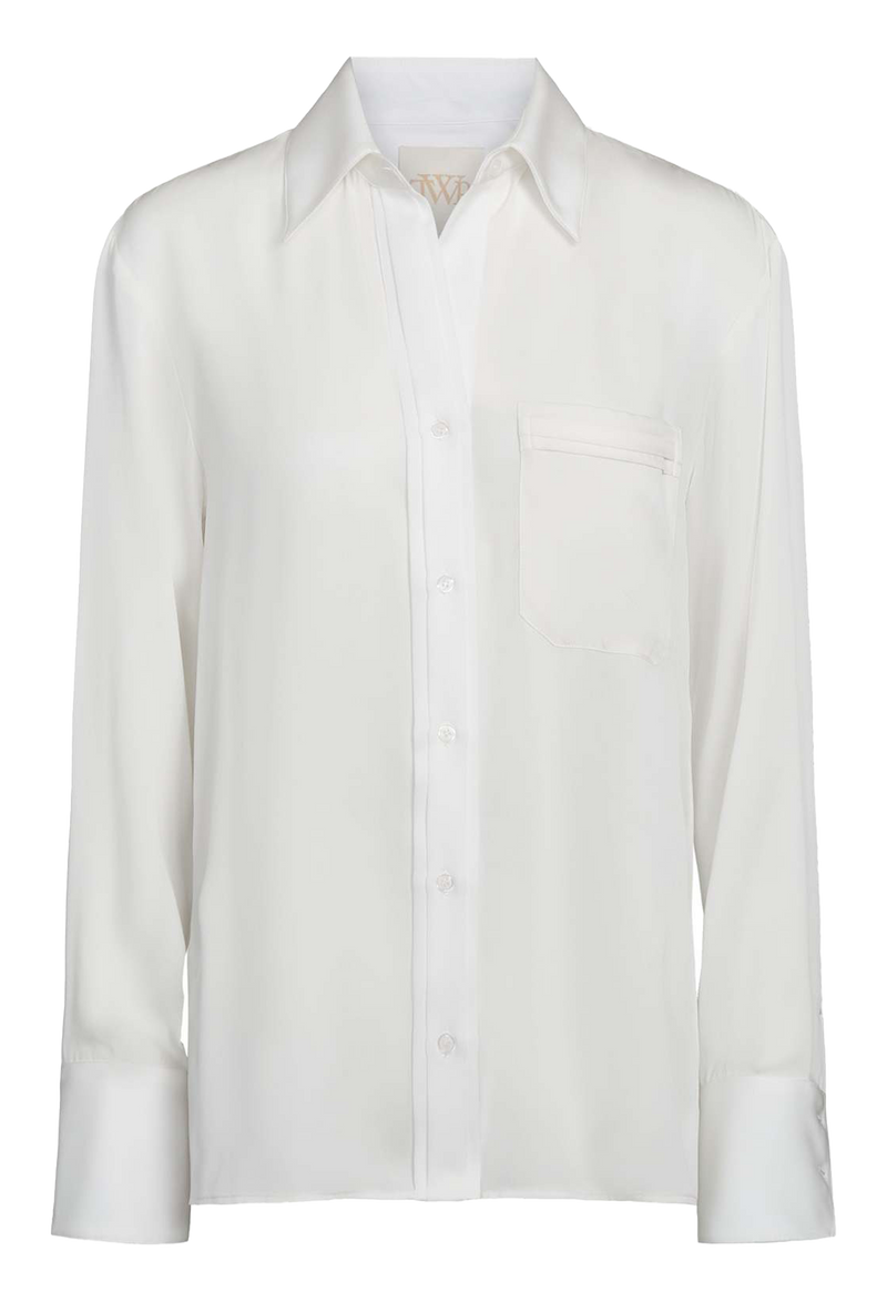 a button down ivory collared silk shirt with a chest patch pocket. transparent background