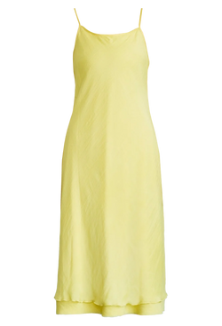 a double layer lemon yellow slip dress with thin straps. transparent background.