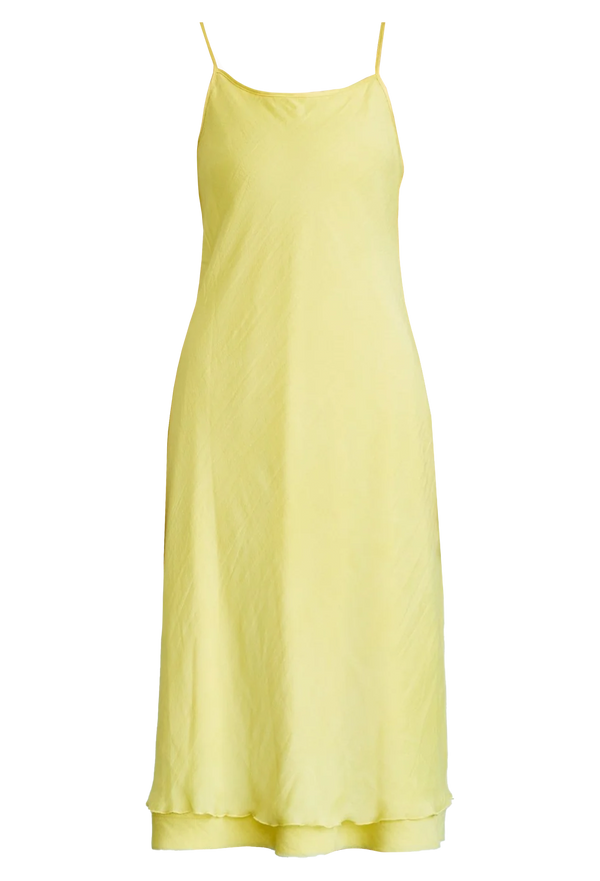 a double layer lemon yellow slip dress with thin straps. transparent background.